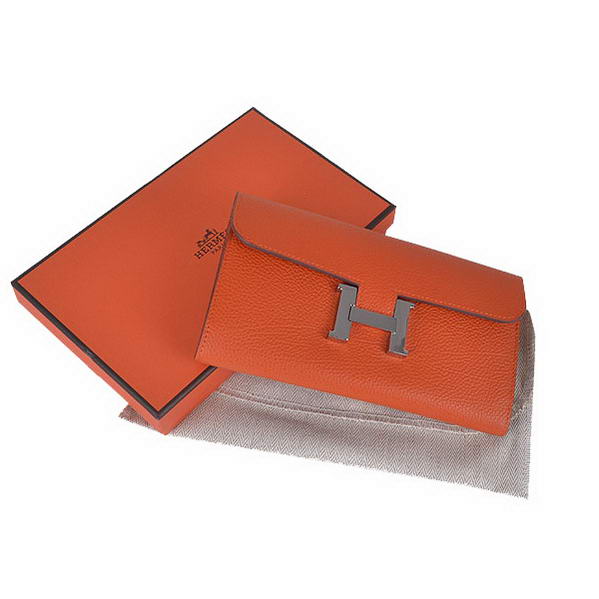 Cheap Fake Hermes Constance Long Wallets Orange Calfskin Leather Silver